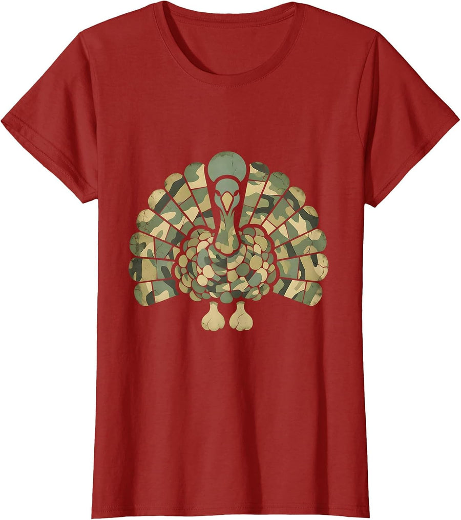 Camo Turkey Feather Fan Hunting Design T-Shirt, Women, Cranberry Red, Large - As Pictured