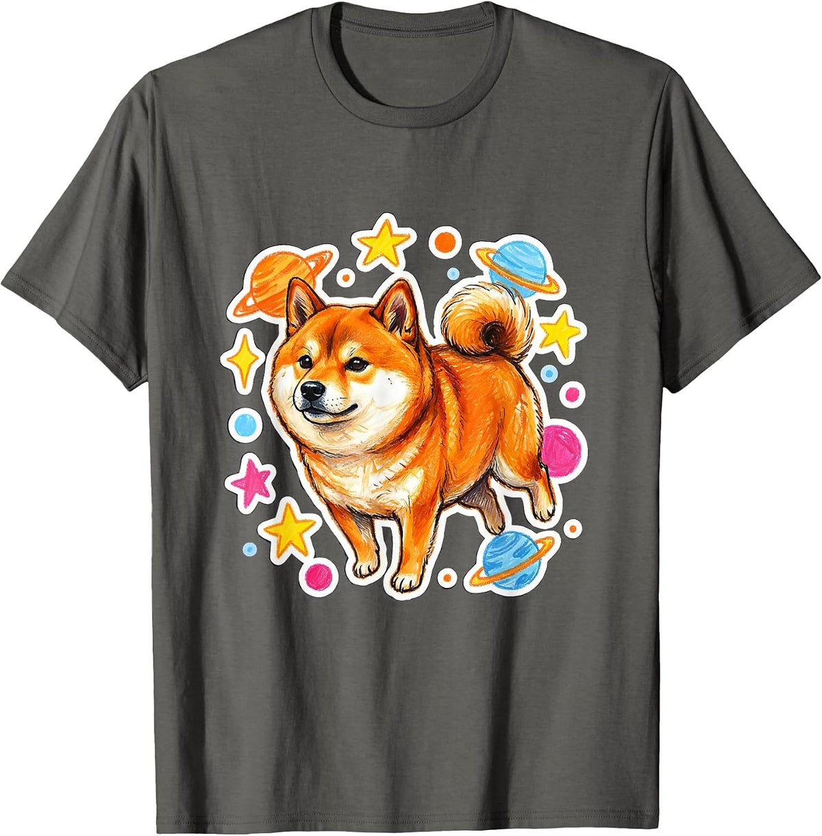 Shiba Inu Floating in Dotted Space Illustration T-Shirt - Asphalt Grey