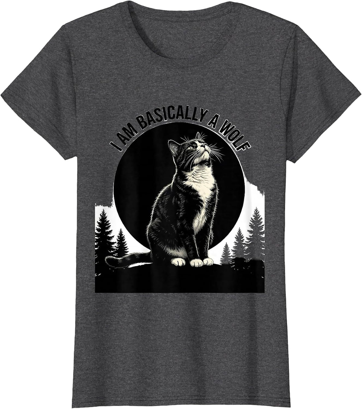 Women's I Am Basically a Wolf Tuxedo Cat Howling at Moon 90s Retro T-Shirt - Dark Heather Grey