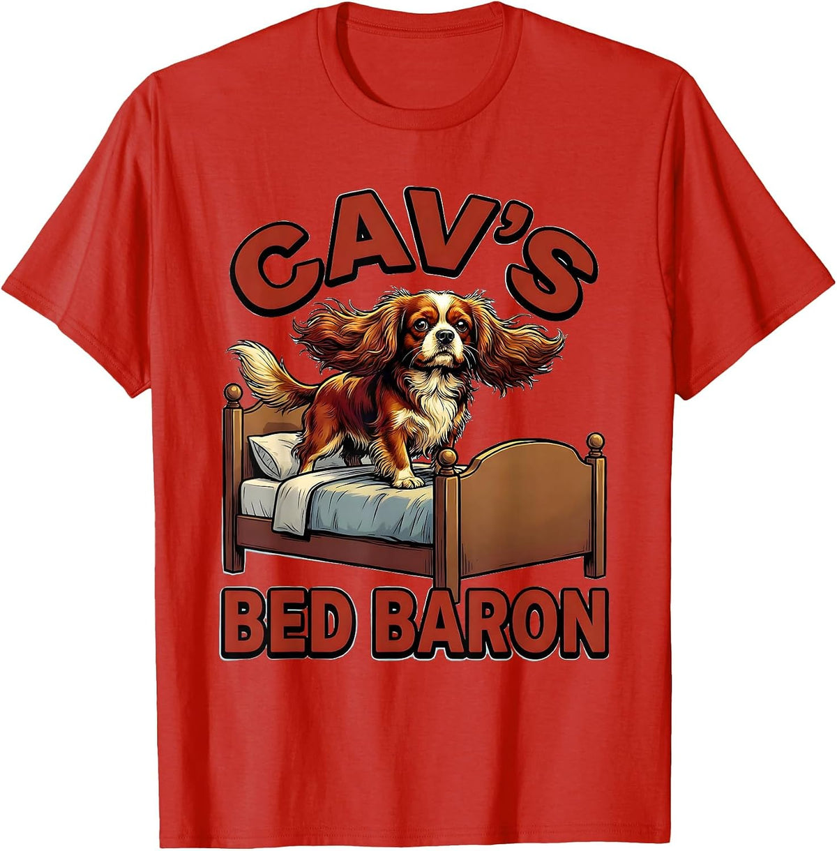 Men's Cav's Bed Baron Cartoon Cavalier King Charles Spaniel Owner T-Shirt - Red