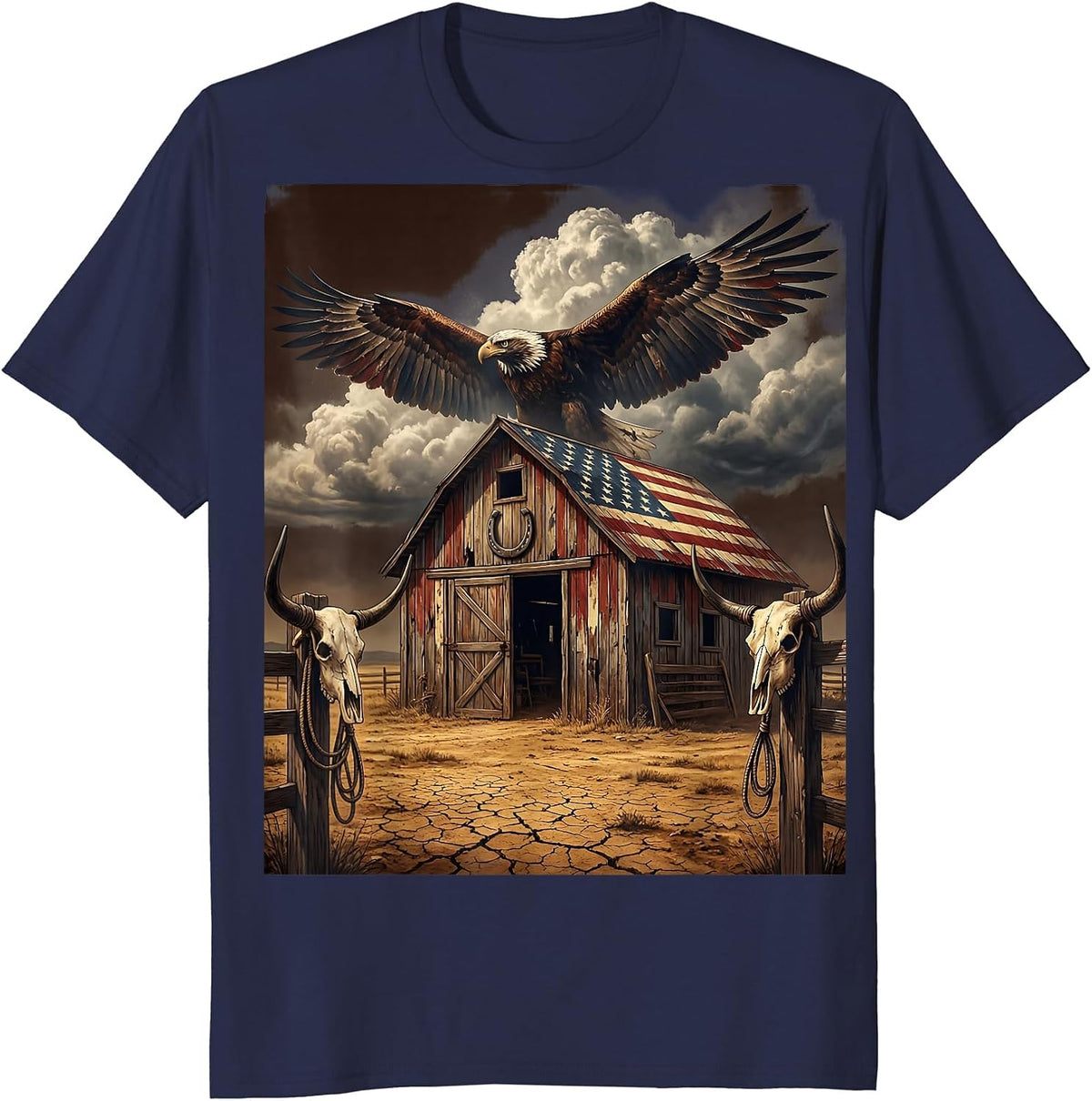Old Barn Stormy Sky Dramatic Rural Landscape Art T-Shirt - Navy Blue
