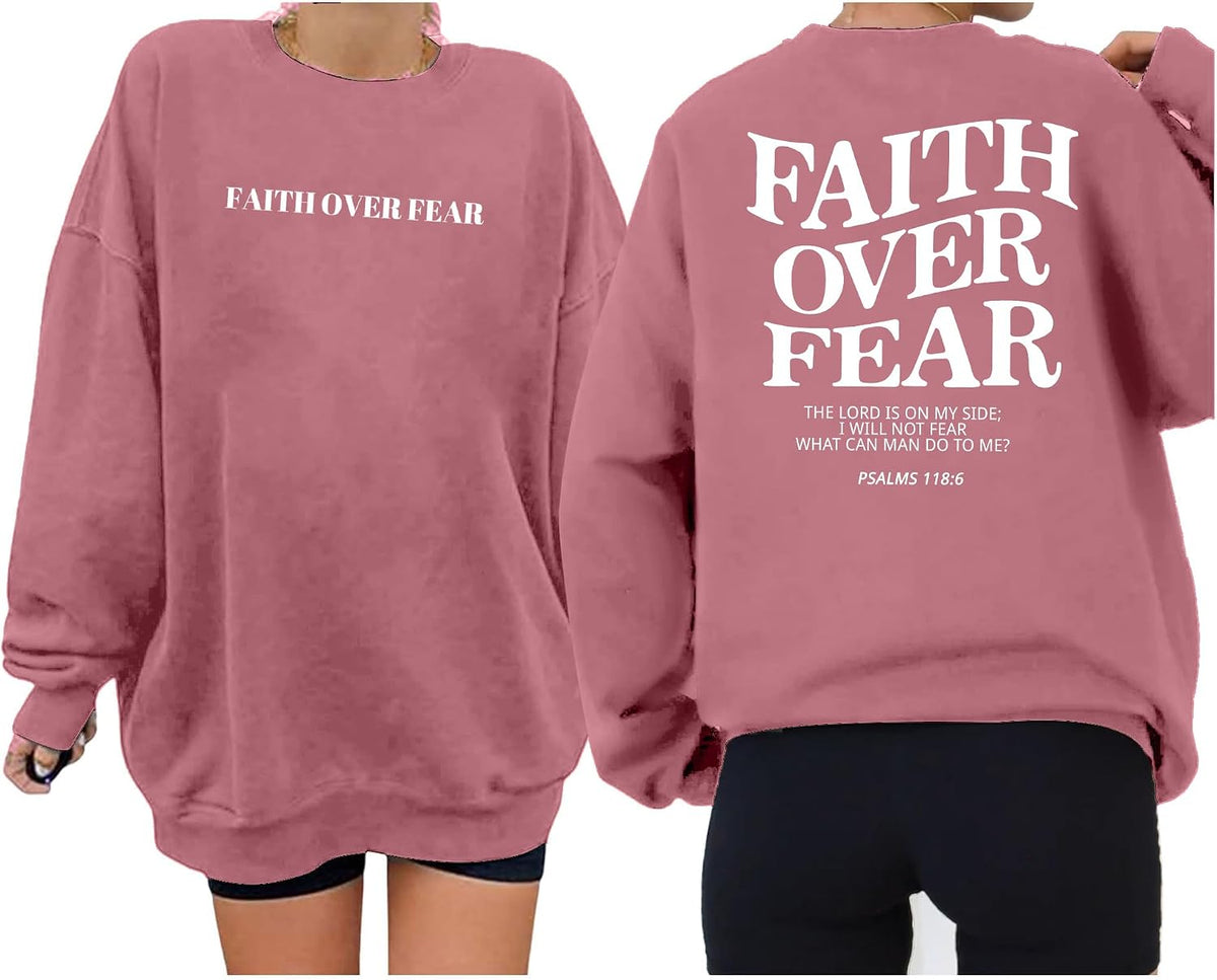 Oversized Christian Sweatshirt Women Faith Over Fear Sweater Top - Pink