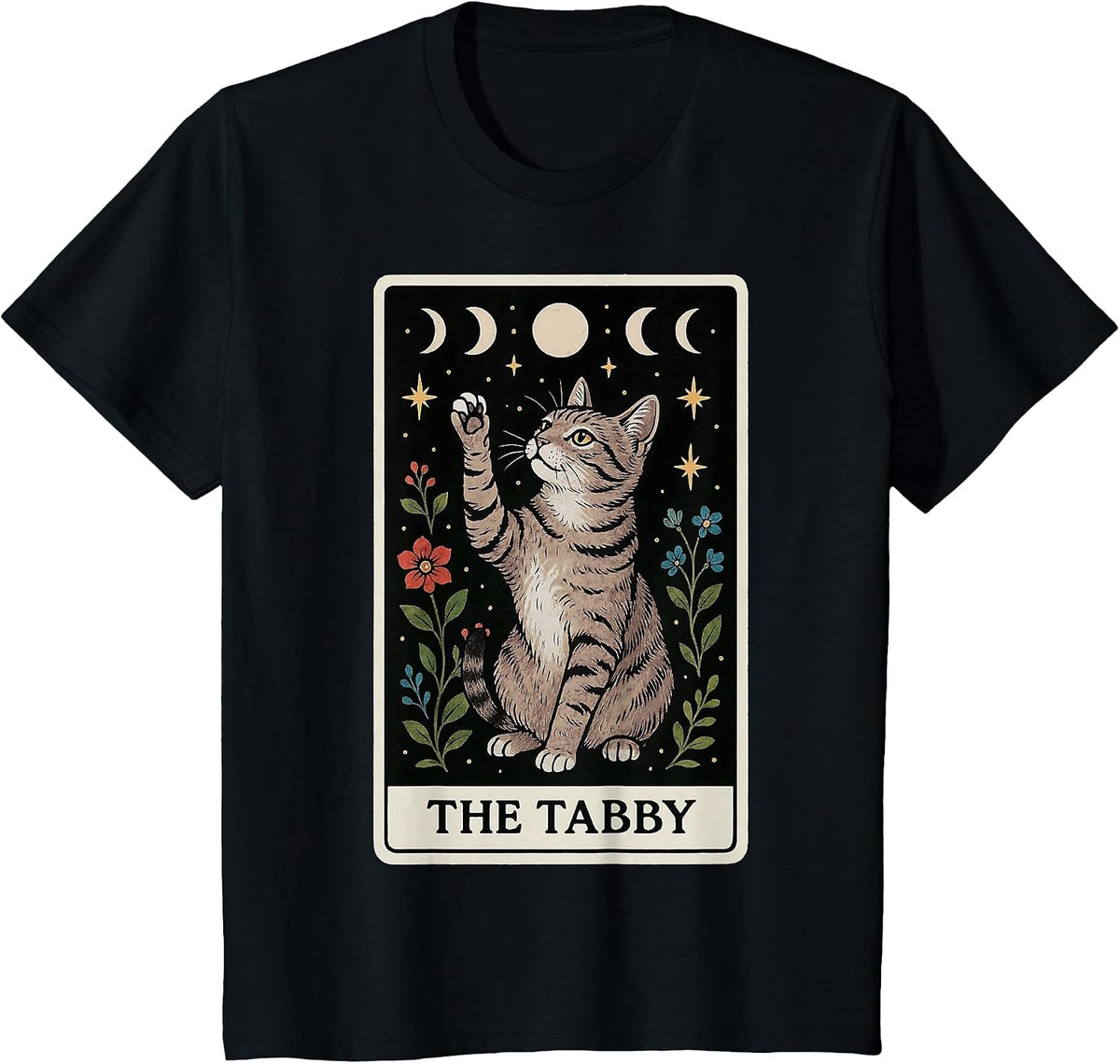 The Tabby Cat Gray Cat Tarot Card Witchy Moon T-Shirt - Black