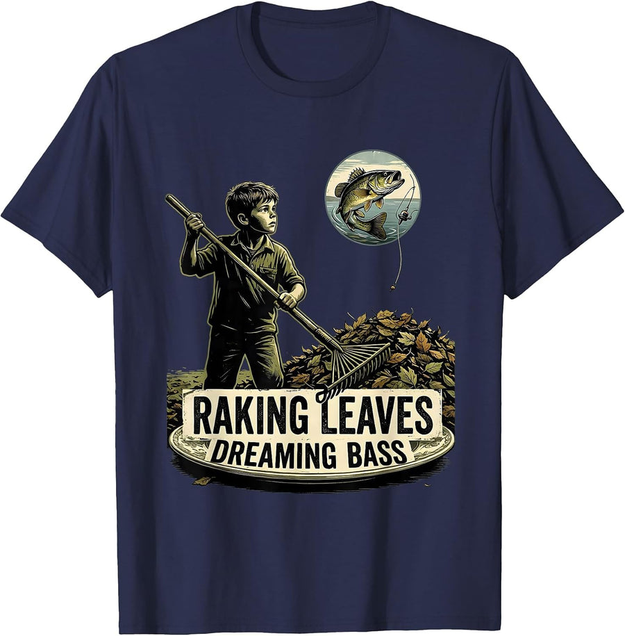 Raking Leaves Dreaming Bass Funny Bass Fishing Humor Kids T-Shirt - Navy Blue