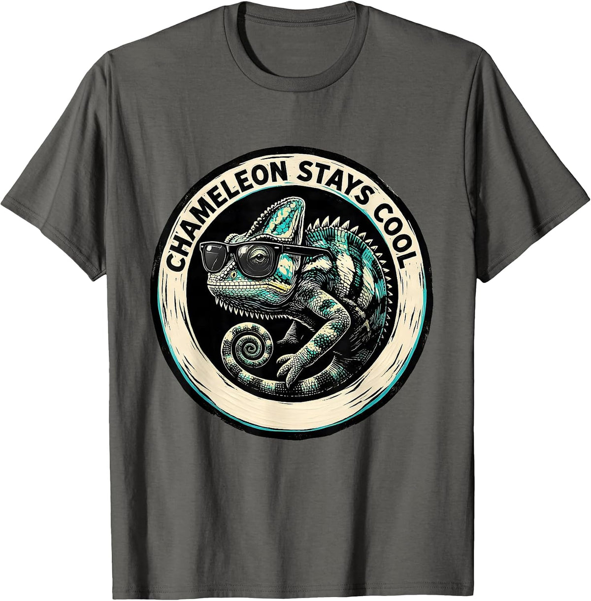 Chameleon Stays Cool Linocut Funny Animal Lover Novelty T-Shirt - Asphalt Grey