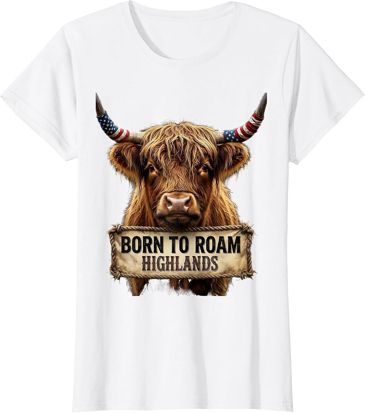 Women's Born to Roam Highlands Highland Cow Design T-Shirt - White