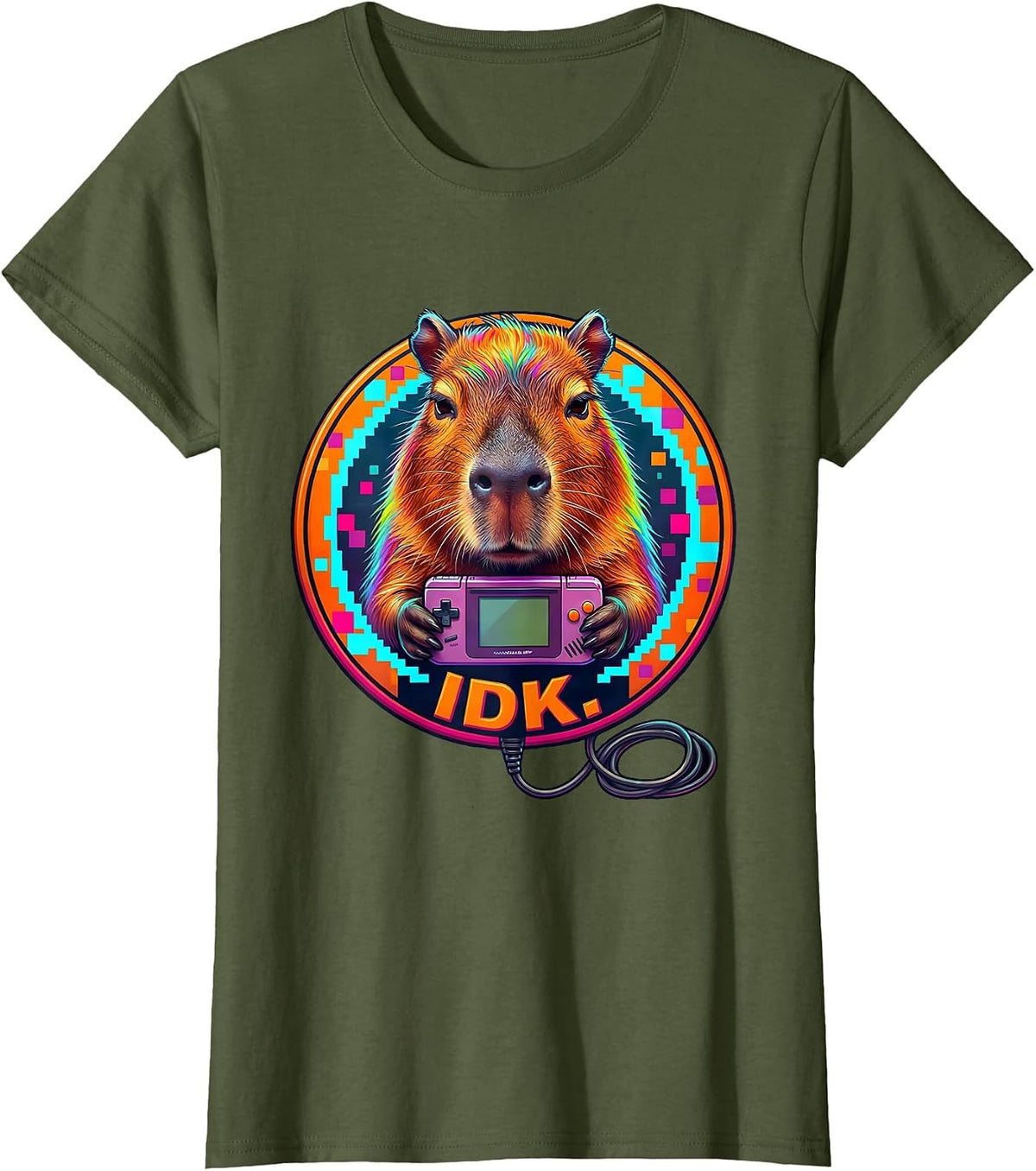 Women's IDK Colorful Capybara Gamer Meme Humor T-Shirt - Olive Green