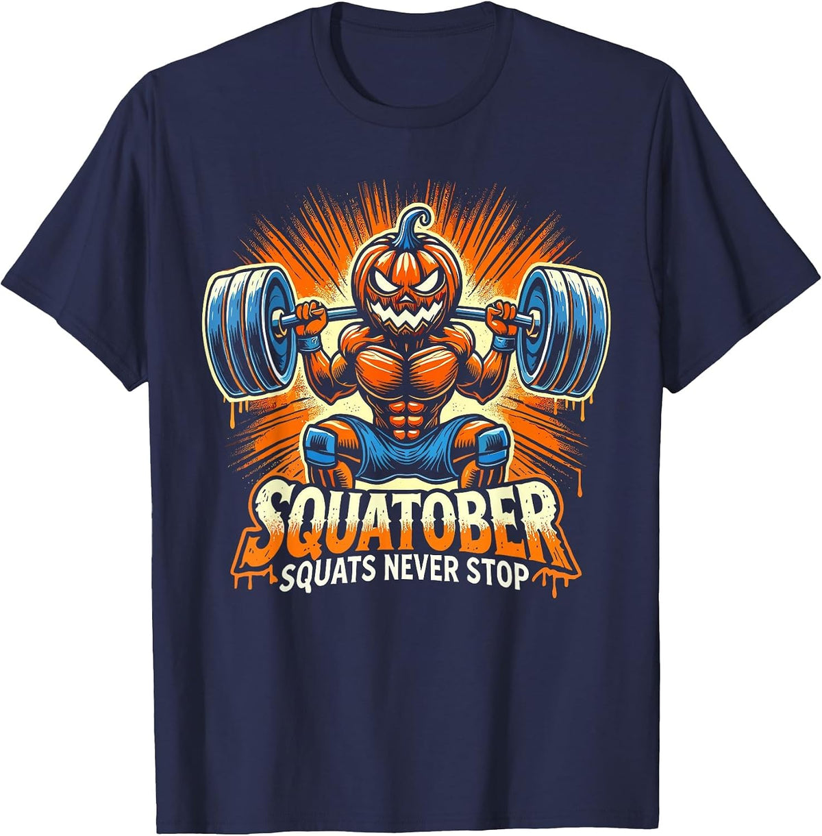 Squatober Pumpkin Halloween Costume, Spooky Weightlifting T-Shirt - Navy Blue