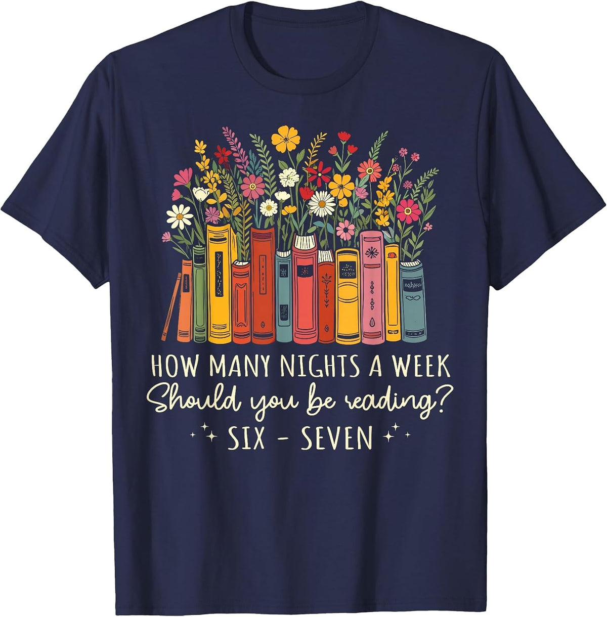 How Many Nights Reading 67 English Teacher Floral Book Lover T-Shirt - Navy Blue