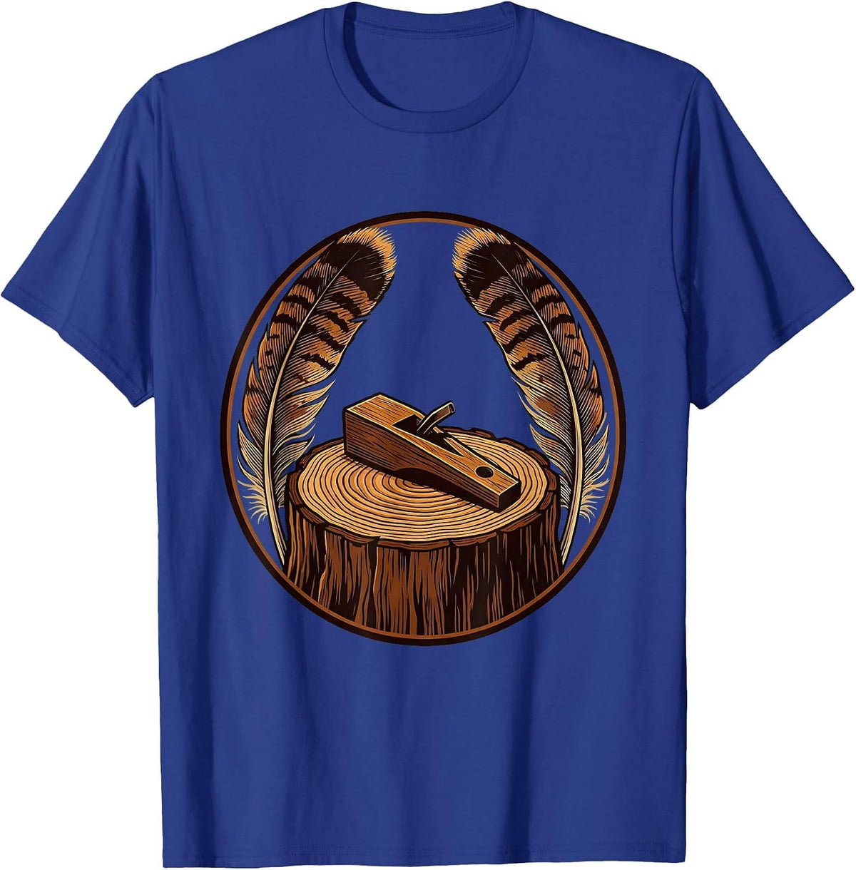 Men's Turkey Call and Feathers on Tree Stump Illustration T-Shirt - Royal Blue