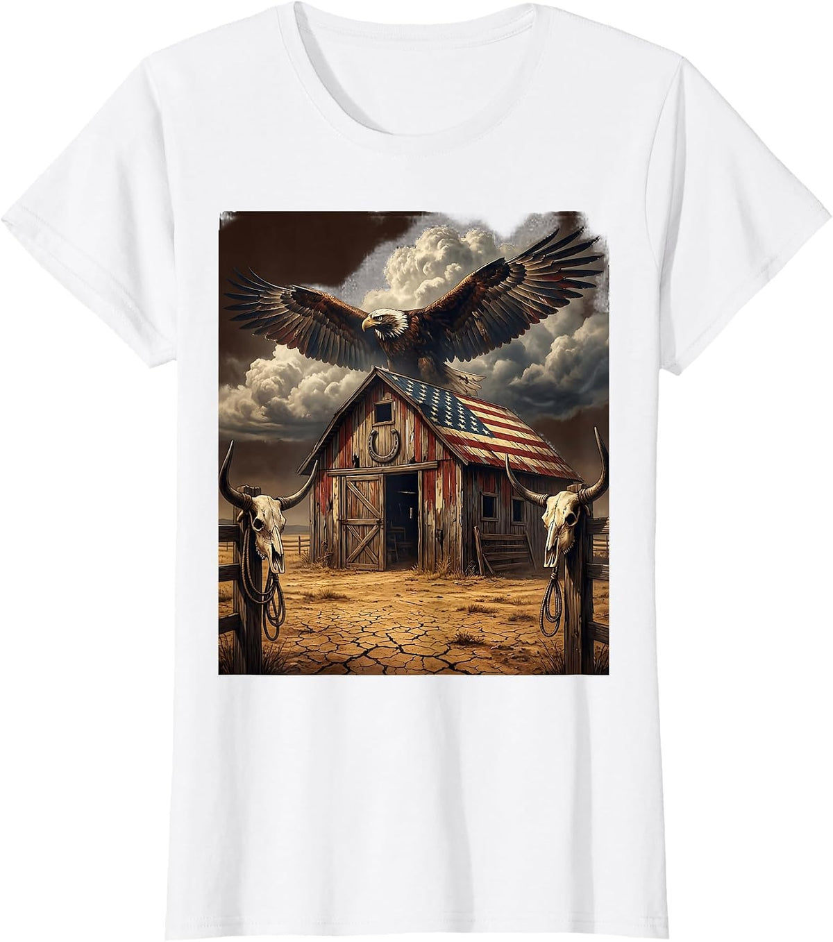 Old Barn Stormy Sky Dramatic Rural Landscape Art T-Shirt - White
