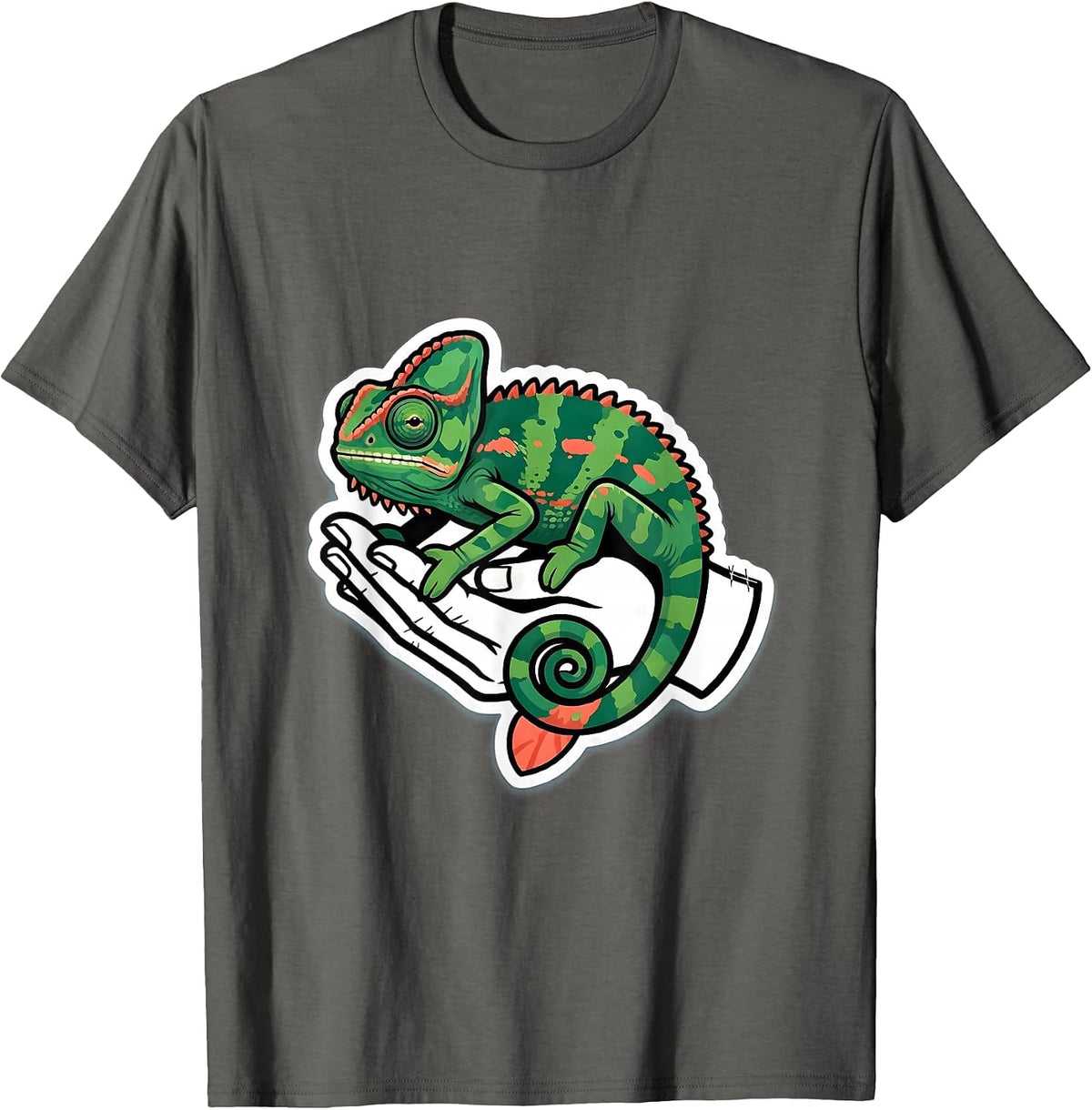 Men's Crested Chameleon Cute Pocket Pet Keeper Sticker Style T-Shirt - Asphalt Grey