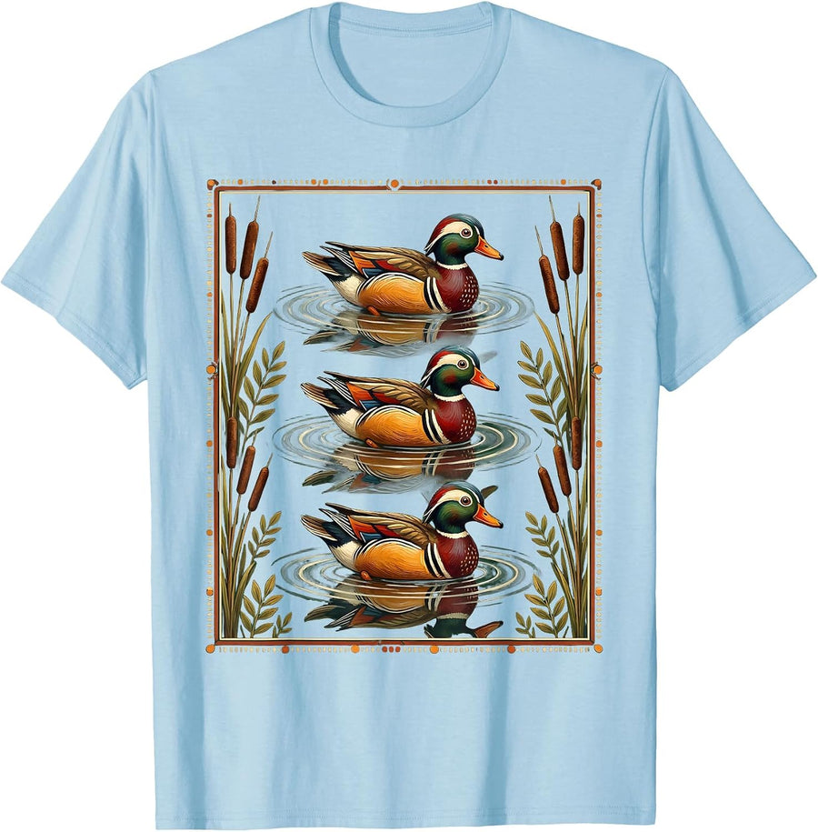 Men's Duck Decoys Floating on Glassy Water Illustration T-Shirt - Baby Blue
