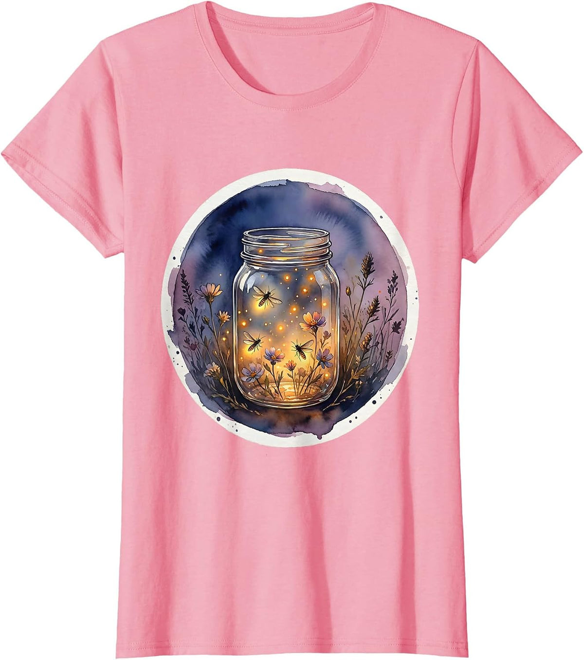 Women's Nana Mason Jar Fireflies Dusk Illustration T-Shirt - Pink