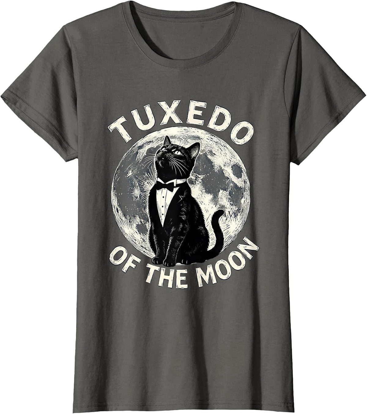 Women's Tuxedo Of The Moon Linocut Tuxedo Cat Retro Humor T-Shirt - Asphalt Grey