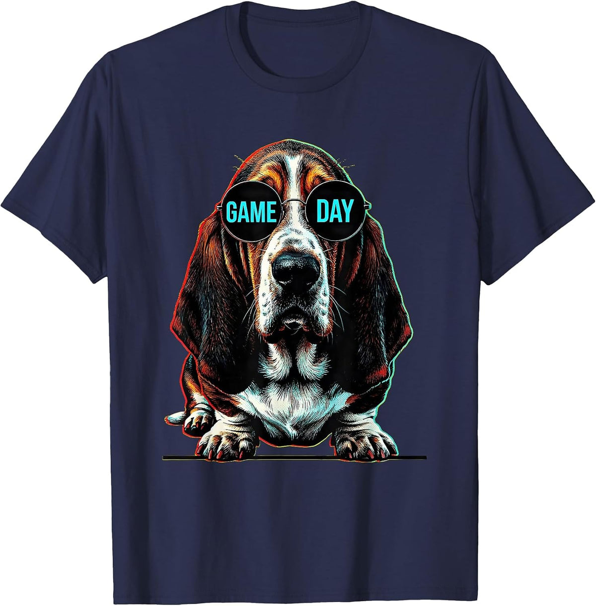 Game Day Pop Art Basset Hound Mascot Sunglasses Humor T-Shirt - Navy Blue