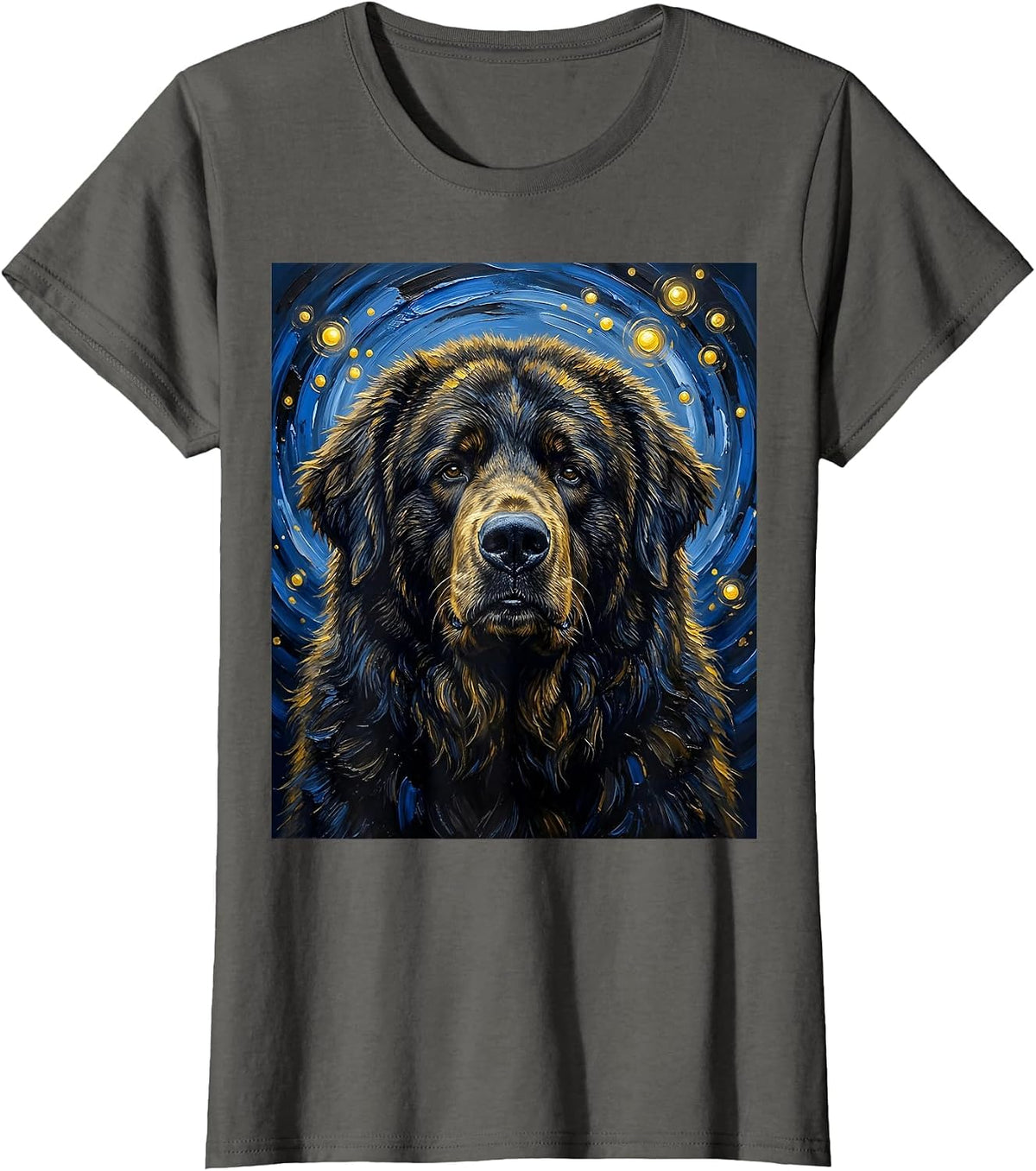 Women's Newfoundland Dog Van Gogh Style Starry Night Portrait T-Shirt - Asphalt Grey