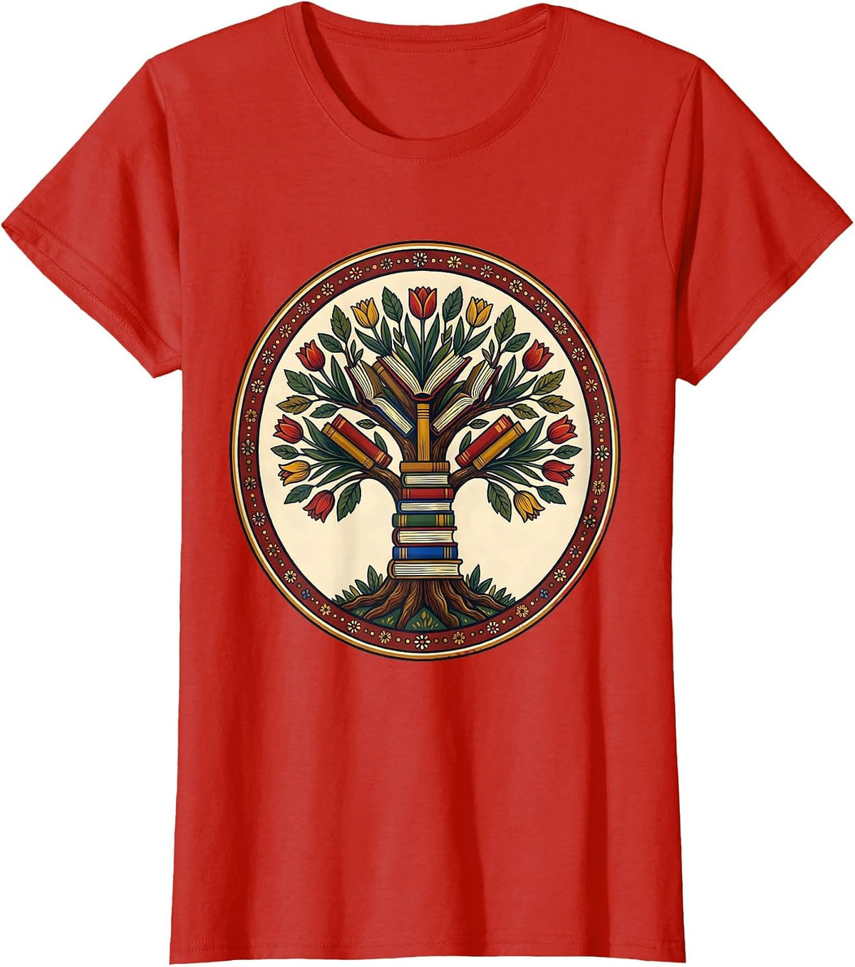 Colorful Book Tree Reading Teacher Literature Art T-Shirt - Red