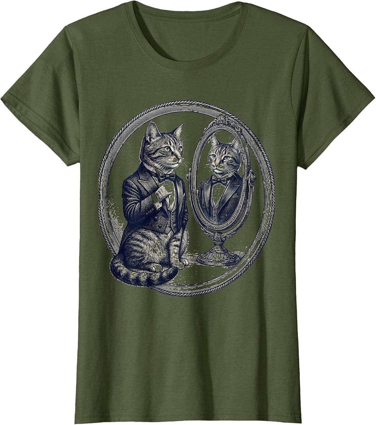 Women's Dapper Cat Bow Tie Mirror Tuxedo Graphic T-Shirt - Olive Green