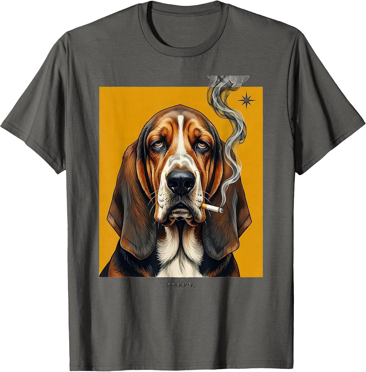 Groovy Midcentury Modern Basset Hound Stoner Cannabis Humor T-Shirt - Asphalt Grey