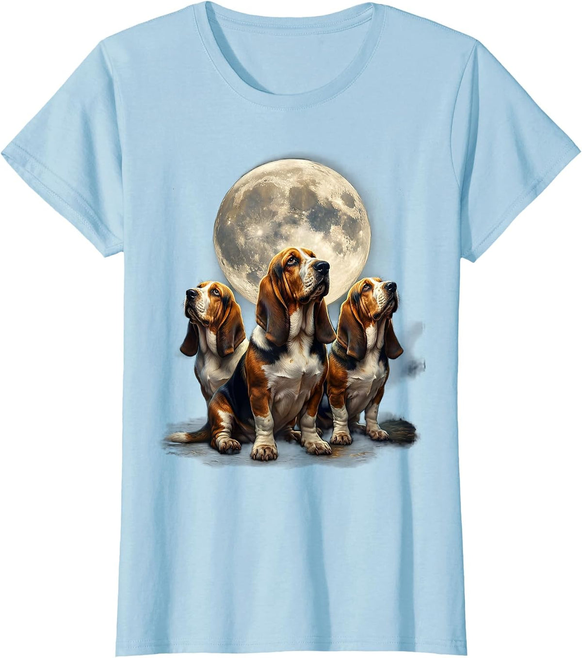 Women's Three Basset Hounds Moon Howling Funny Pet Lover Humor T-Shirt - Baby Blue