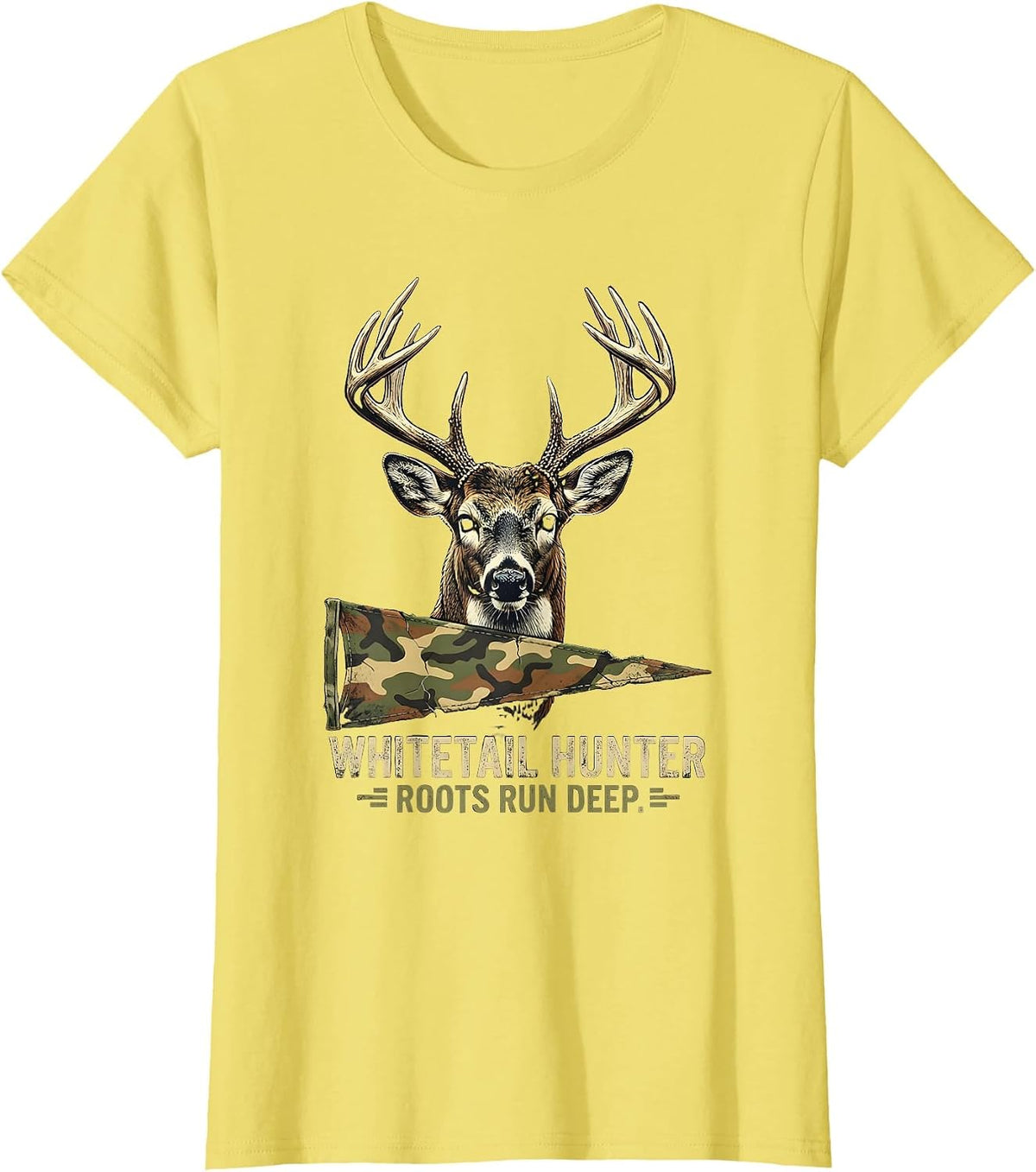 Women's Whitetail Hunter Roots Run Deep Distressed Camo Dad Humor T-Shirt - Lemon Yellow