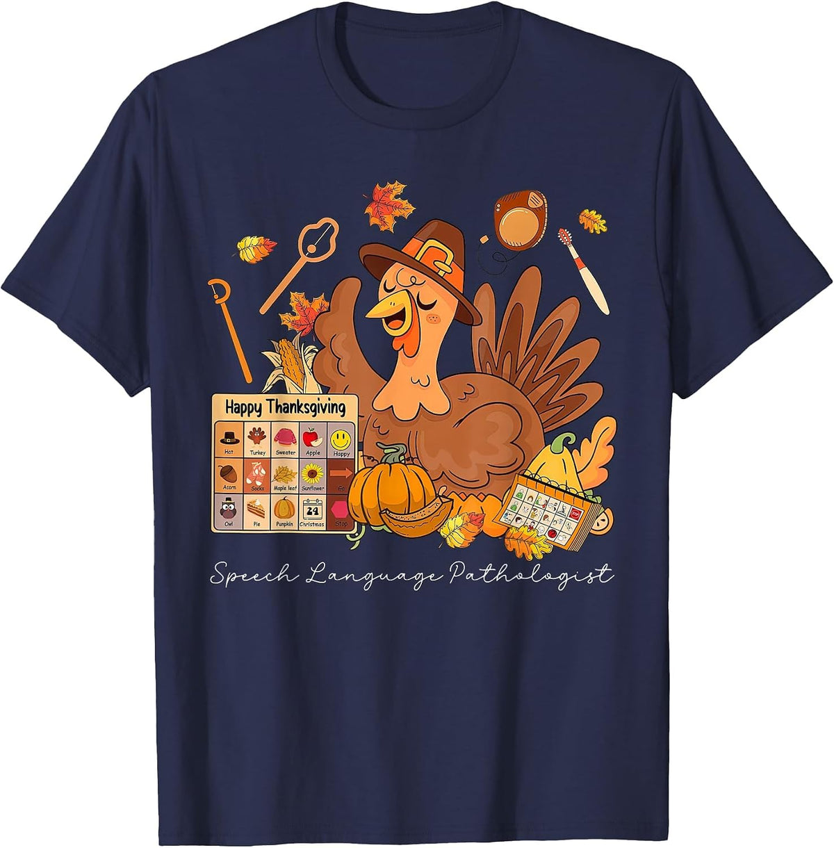 Thanksgiving Speech Therapy Pathologist Turkey Fall Thankful T-Shirt - Navy Blue