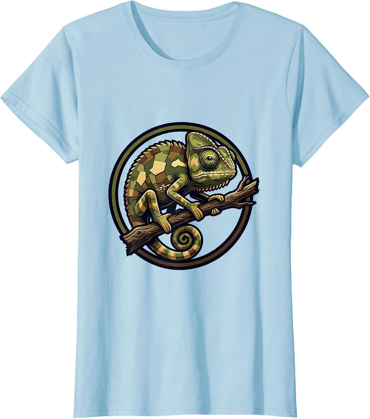 Camouflaged Chameleon on Tree Branch Camo Art T-Shirt - Baby Blue
