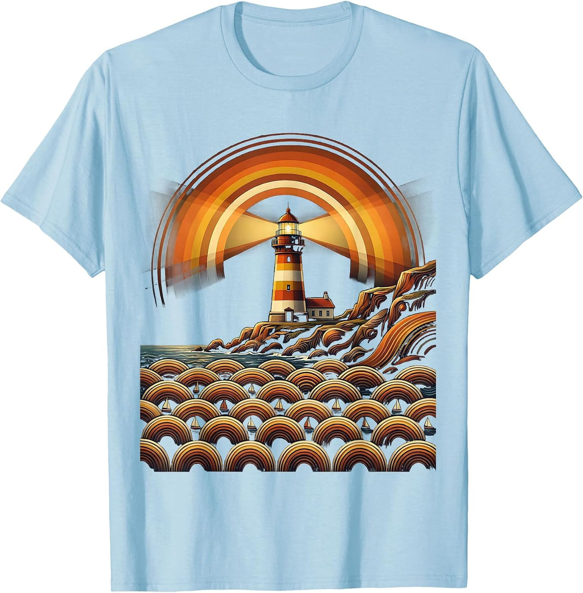 Lighthouse Beam Over Sea of Boats Graphic T-Shirt - Baby Blue