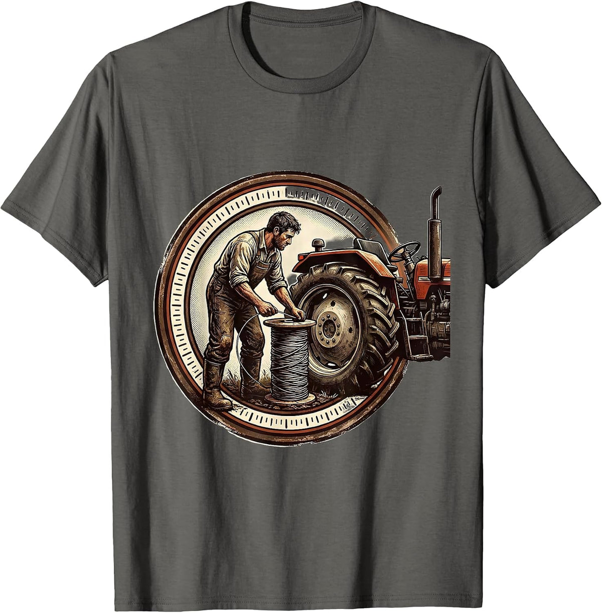 Farmhand Tractor Badge Vintage Farmer Humor T-Shirt - Asphalt Grey