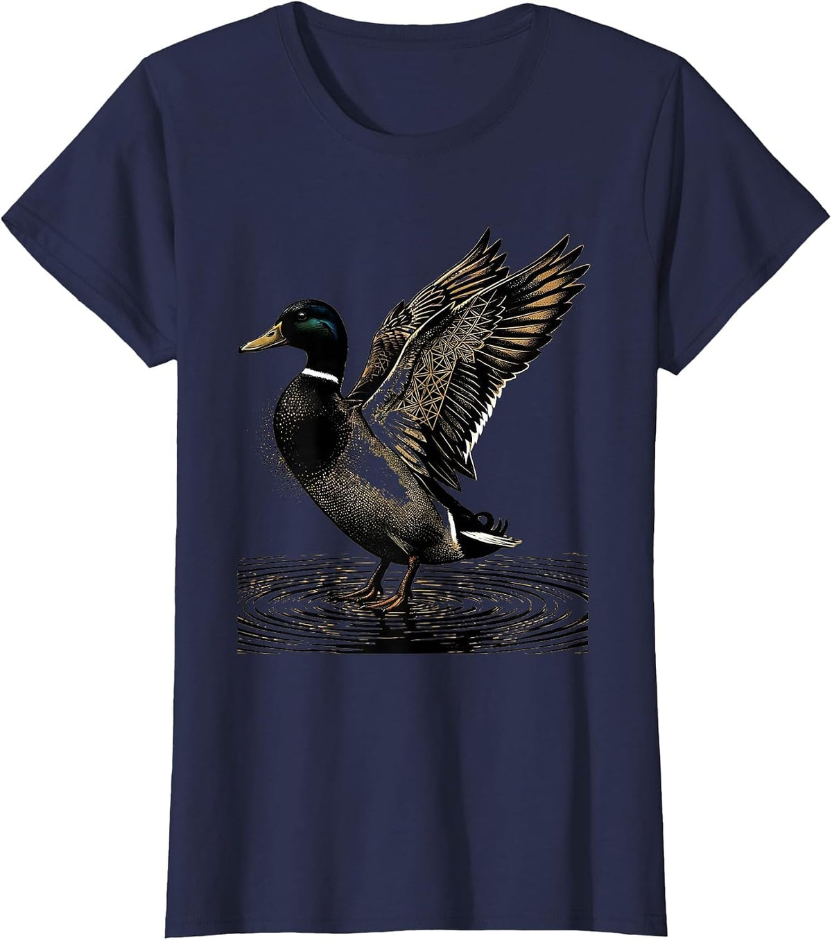 Women's Camo Mallard Duck Landing on Still Water T-Shirt - Navy Blue