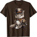 Steampunk Cat with Hat Graphic Design Cat Lover Art Fantasy T-Shirt - Brown