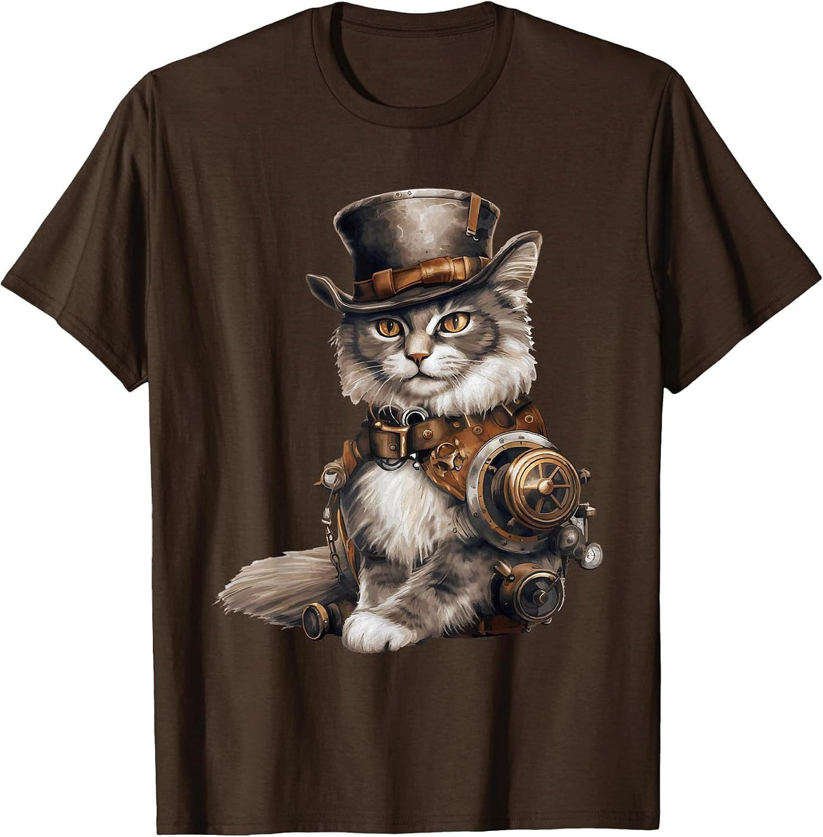 Steampunk Cat with Hat Graphic Design Cat Lover Art Fantasy T-Shirt - Brown