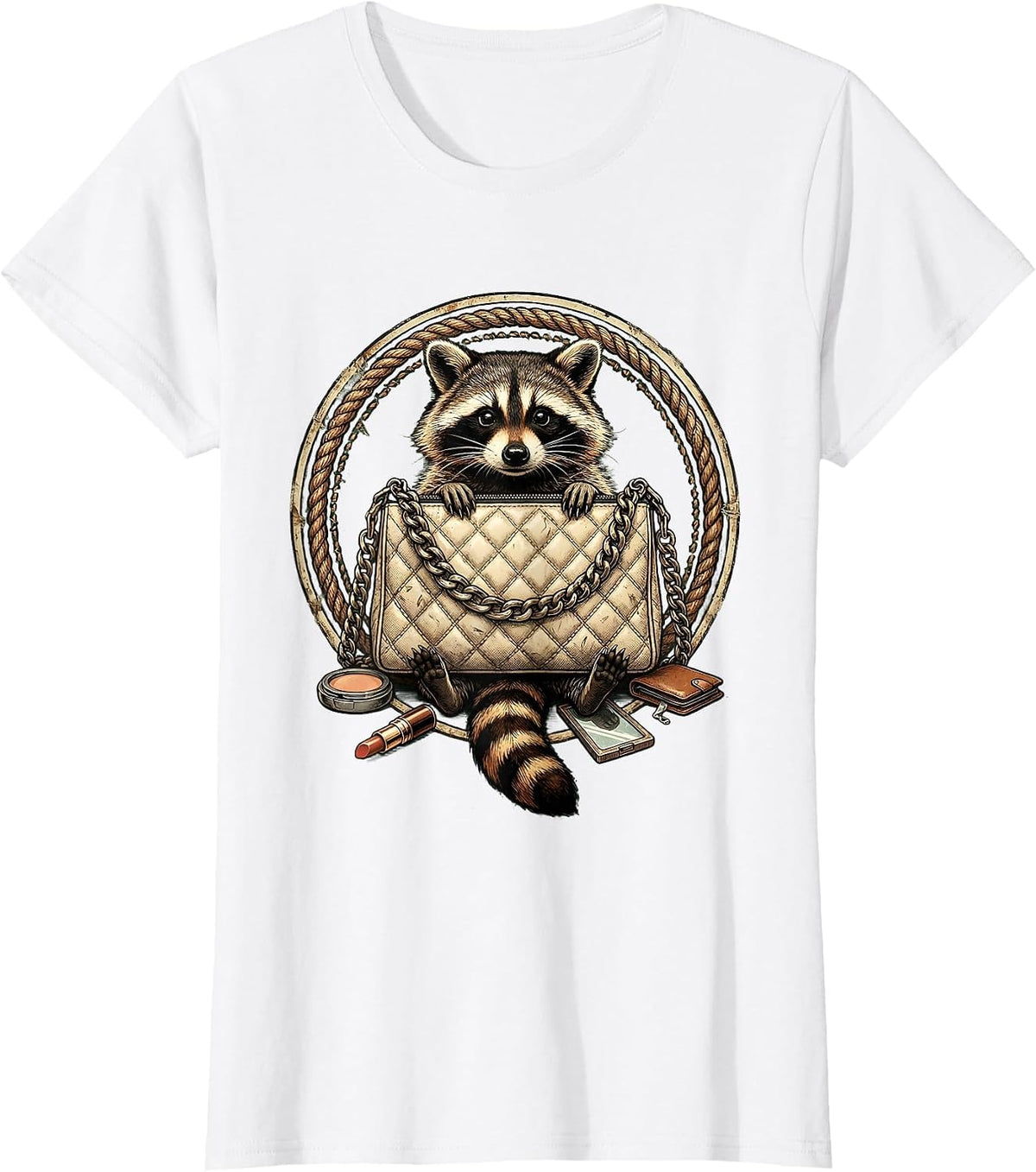 Women's Raccoon Digging Through Designer Purse Funny T-Shirt - White