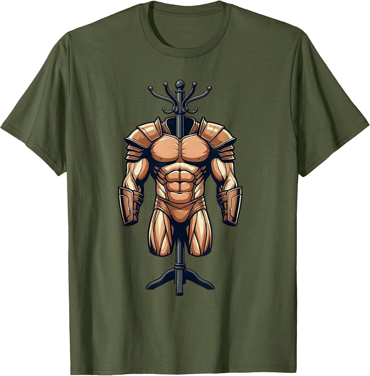 Muscle Suit Armor on Coat Rack Graphic T-Shirt - Olive Green