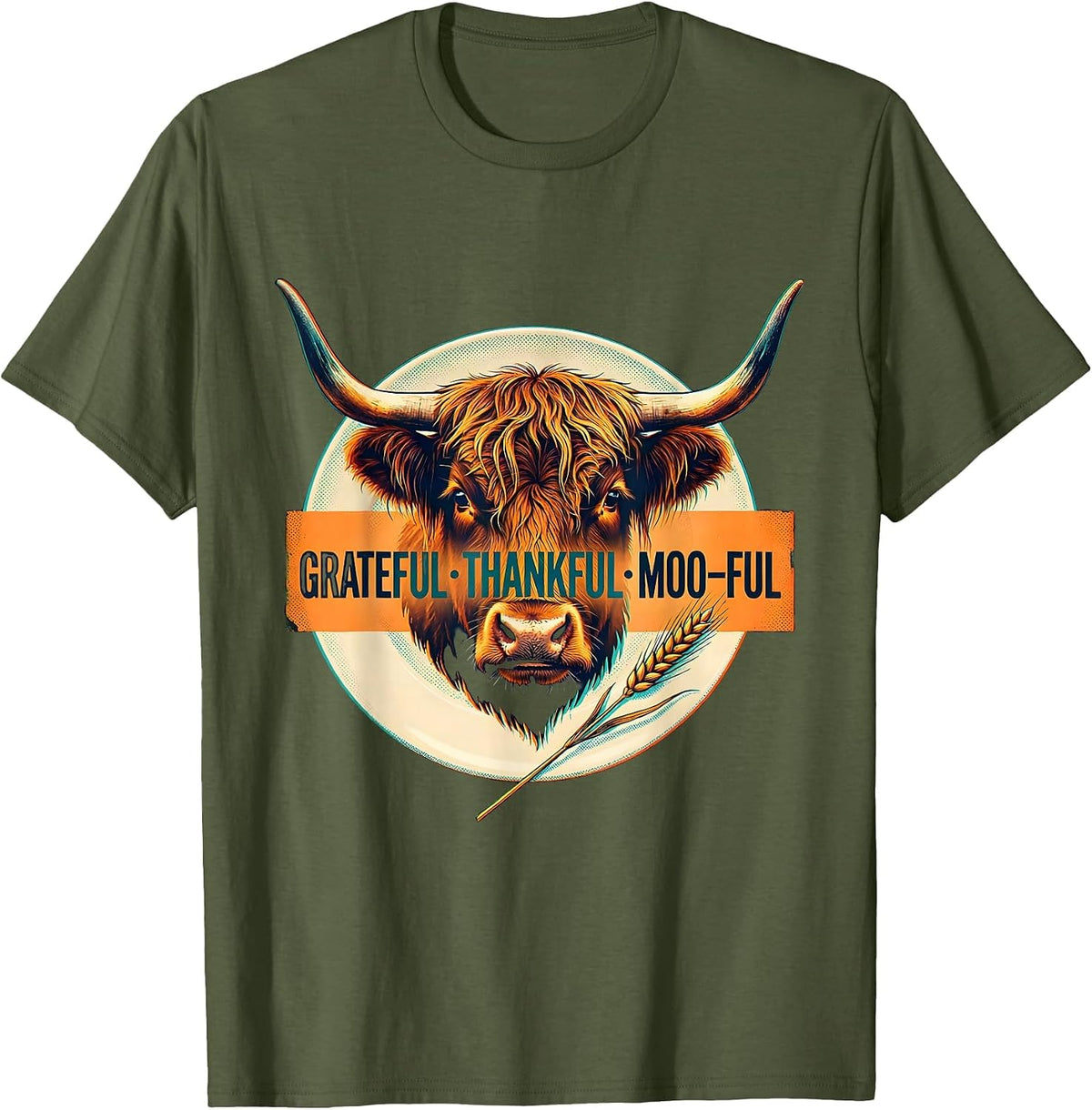 Men's Grateful Thankful Moo-ful Highland Cow Farm Animal T-Shirt - Olive Green
