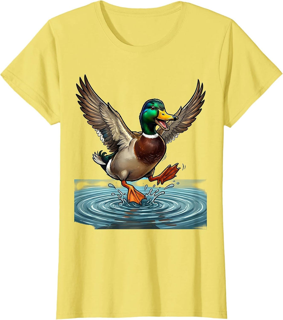 Women's Mallard Duck Landing on Still Pond Illustration T-Shirt - Lemon Yellow
