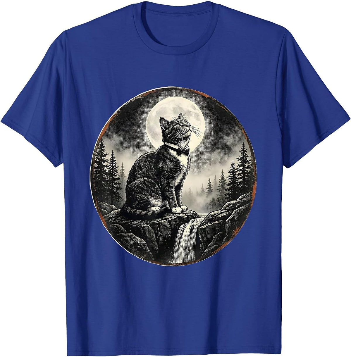 Men's Tuxedo Cat Howling at Moon Vintage Retro T-Shirt - Royal Blue