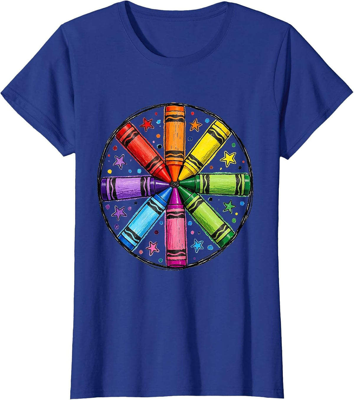 Women's Crayon Color Wheel Mandala Art Design T-Shirt - Royal Blue