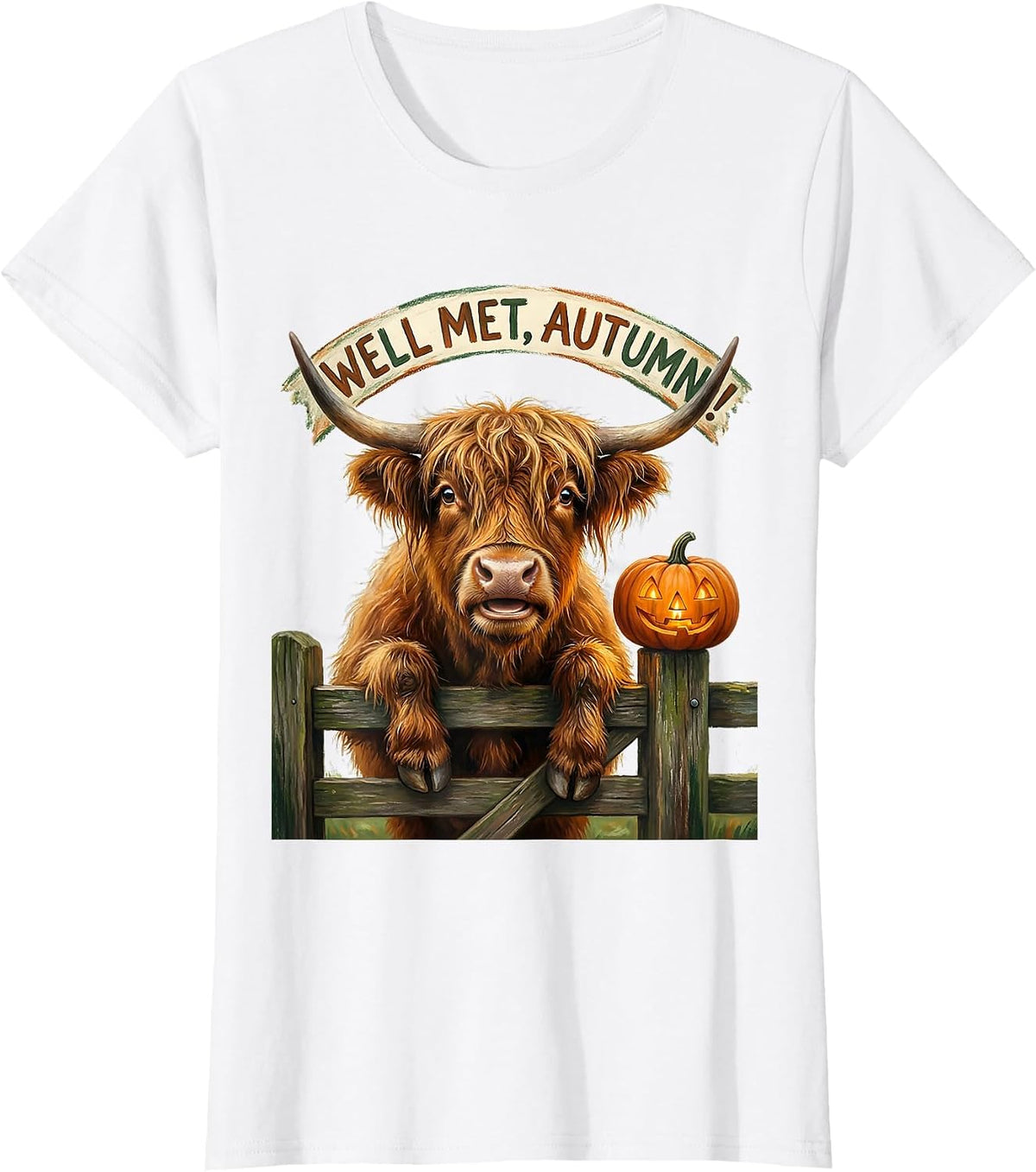 Well Met, Autumn! Storybook Highland Cow Fall Halloween T-Shirt - White