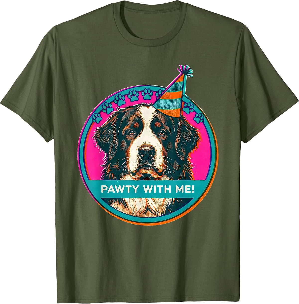 Pawty With Me Risograph Newfoundland Dog Birthday Party Kids T-Shirt - Olive Green