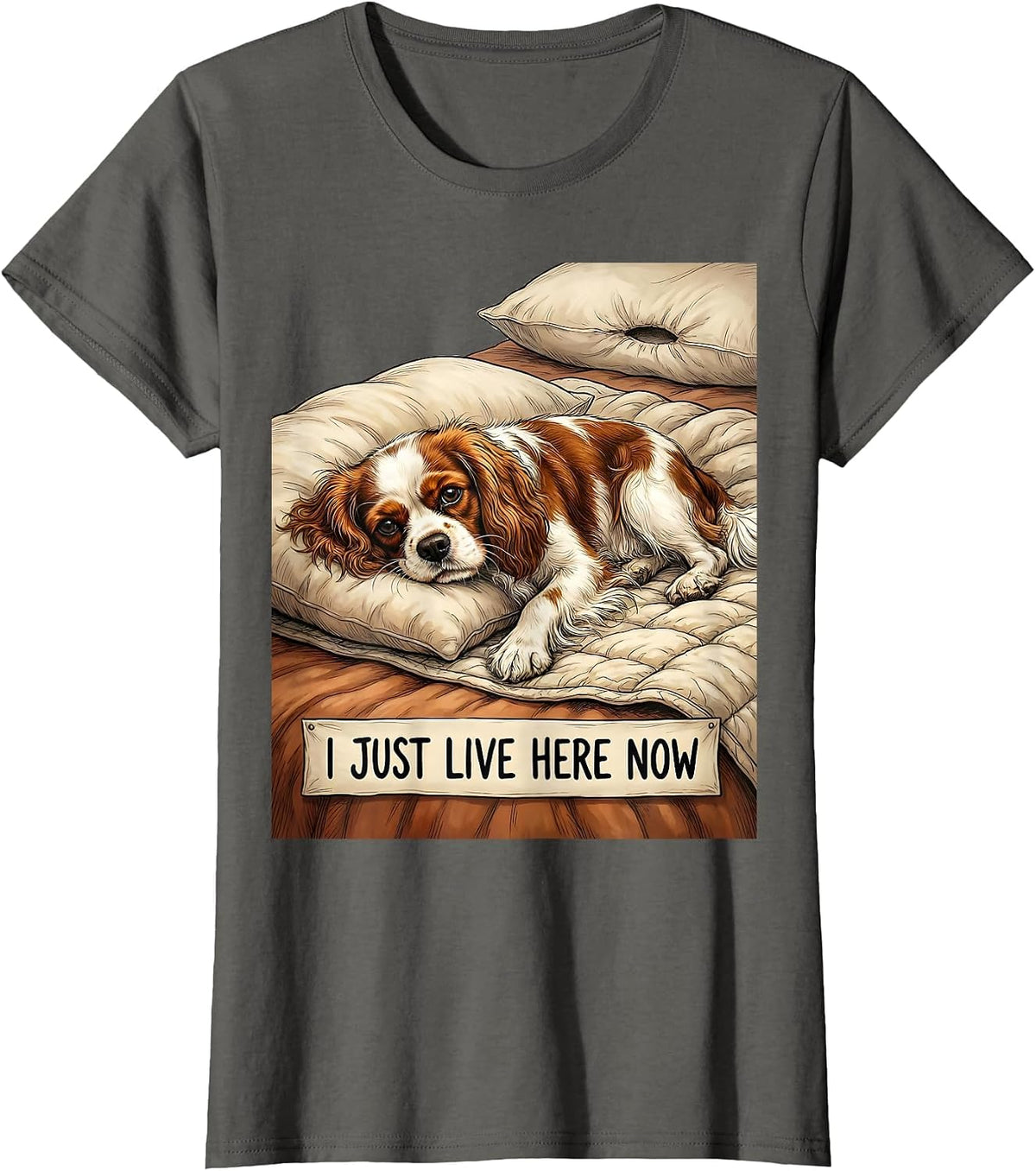 Women's I Just Live Here Now Cozy Cavalier King Charles Spaniel Dog T-Shirt - Asphalt Grey