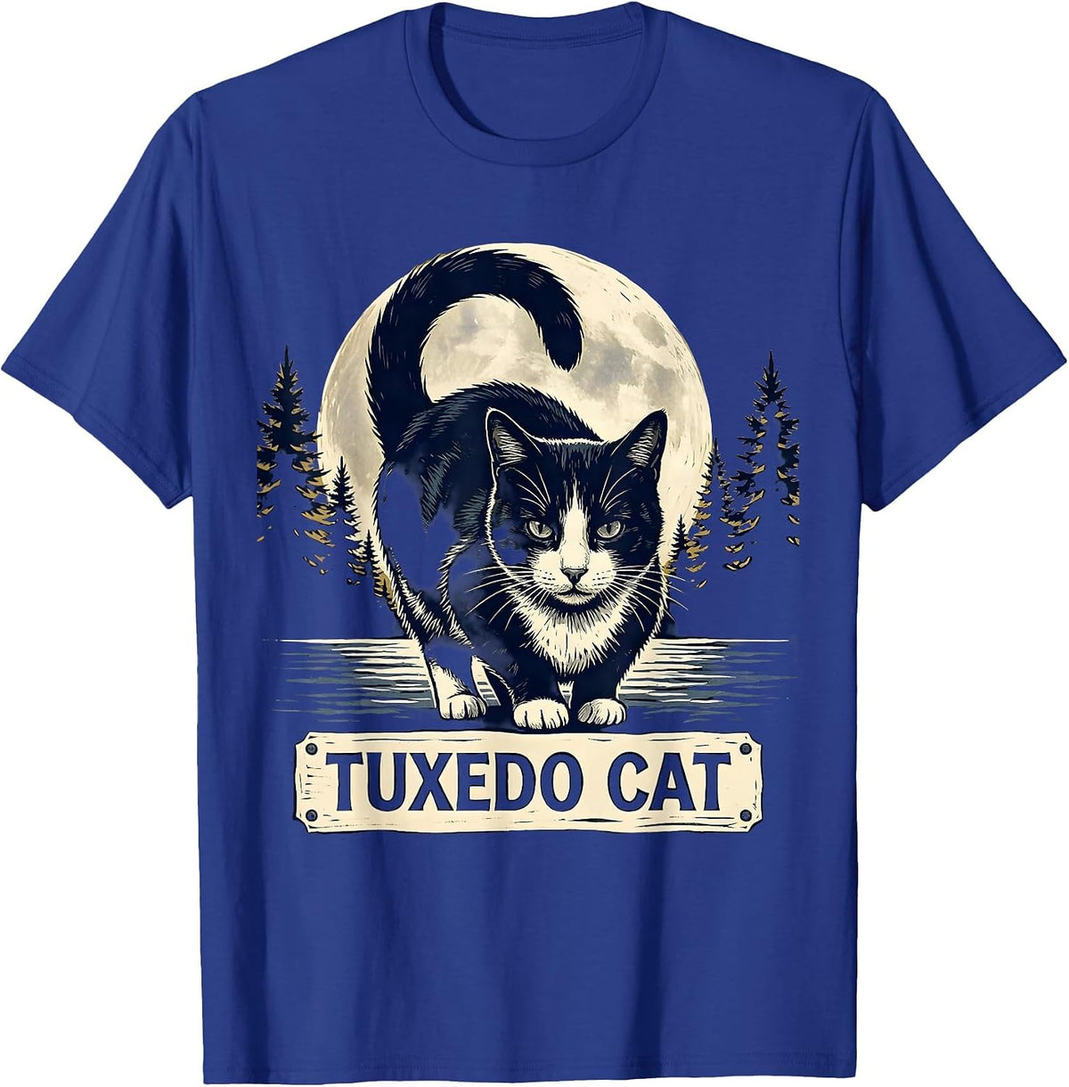 Men's Tuxedo Cat Linocut 90s Retro Moonlit Portrait T-Shirt - Royal Blue