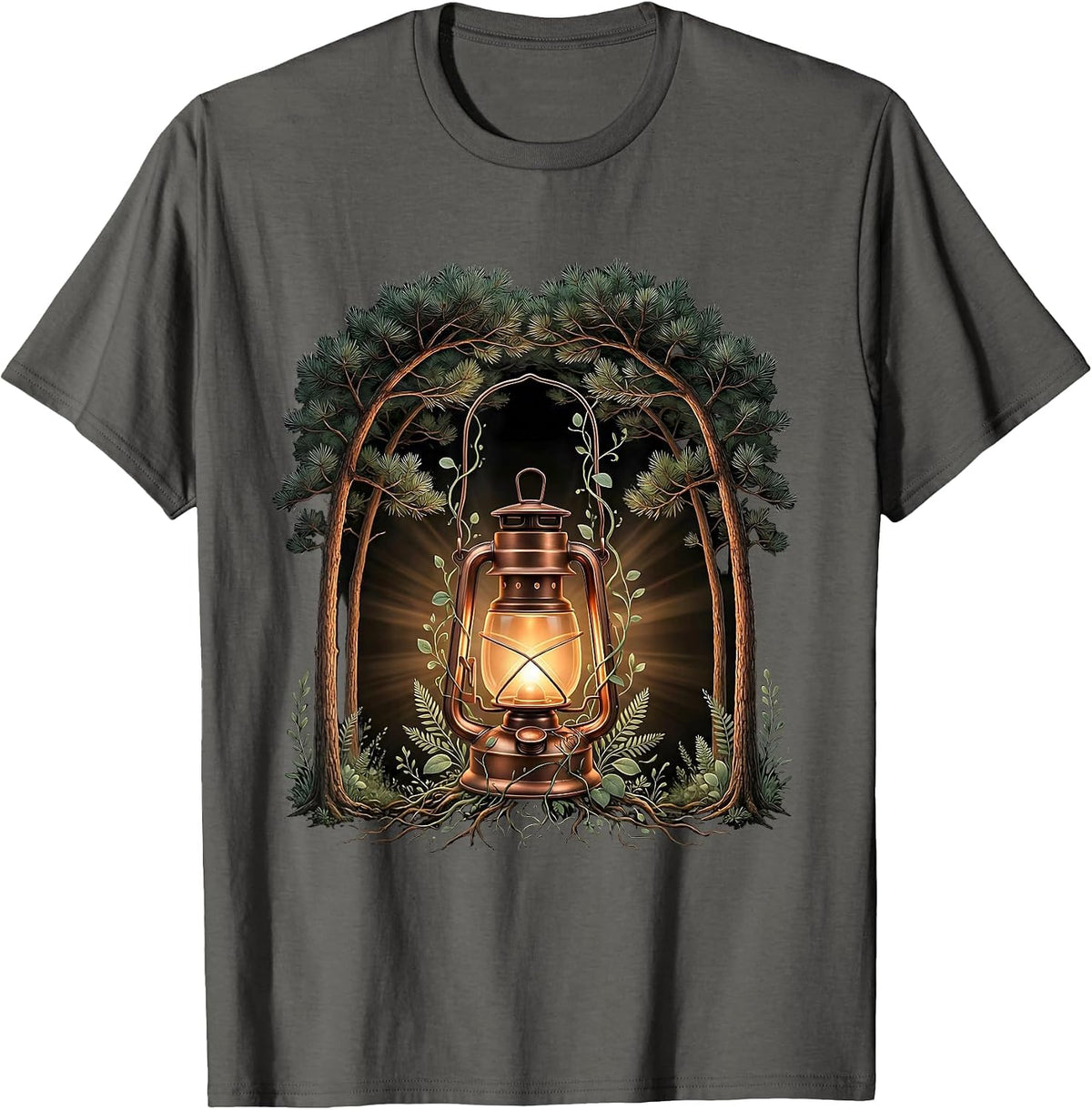 Social Worker Lantern Dark Forest Path Illustration T-Shirt - Asphalt Grey