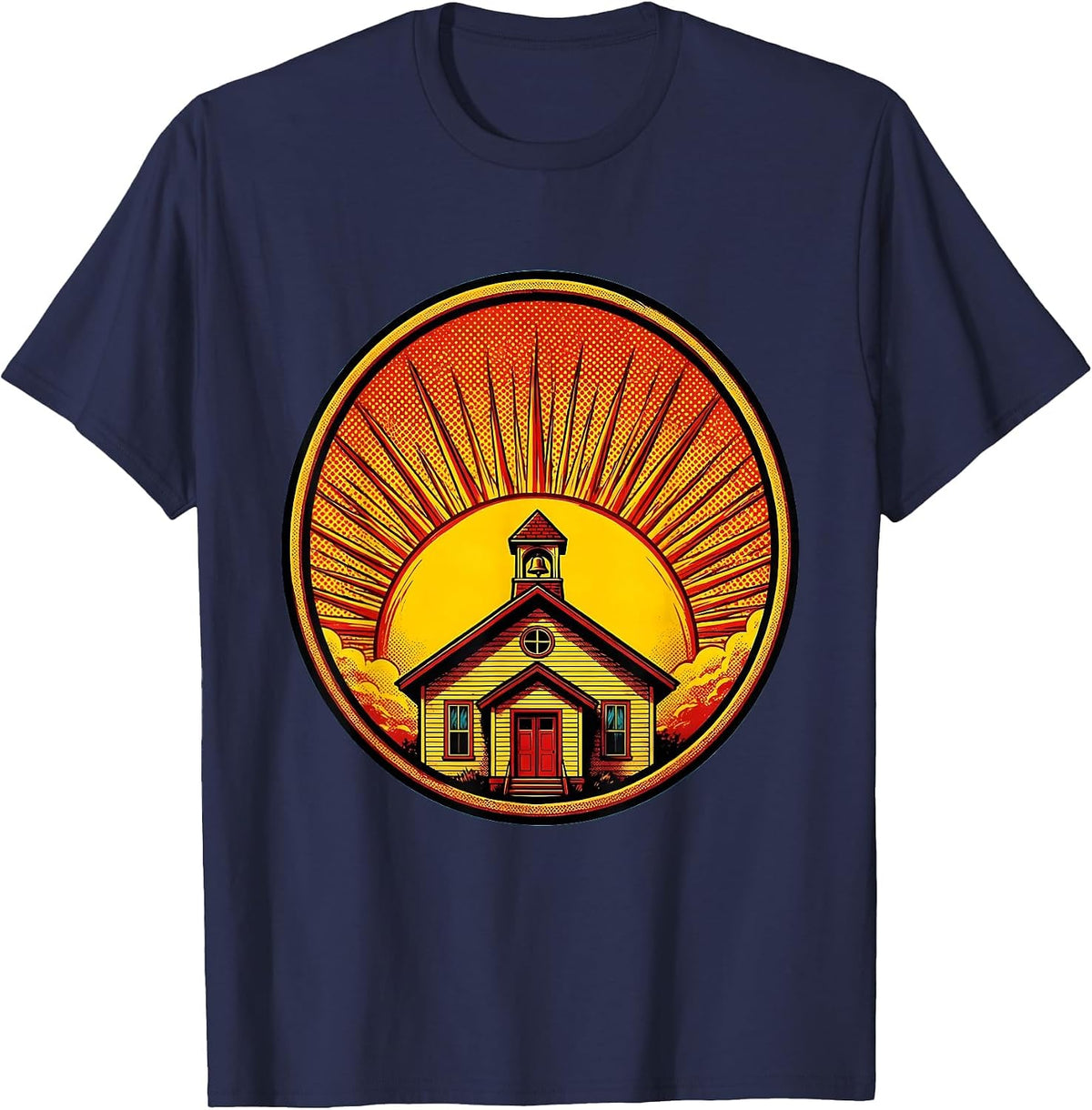 Friyay Teacher Sunset Schoolhouse Graphic T-Shirt - Navy Blue