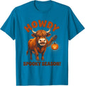 Howdy, Spooky Season! Funny Highland Cow Fall Halloween T-Shirt - Sapphire Blue