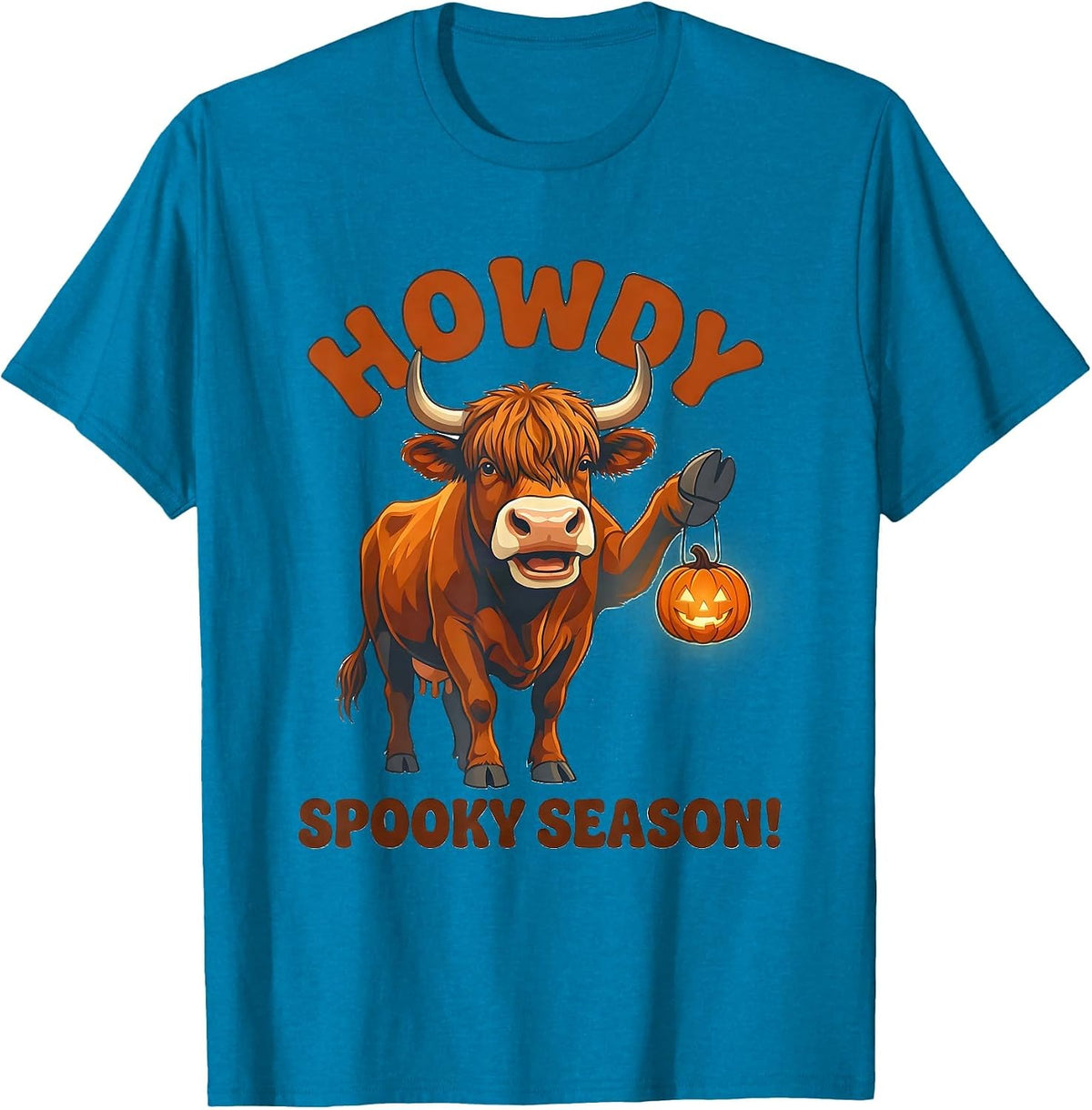 Howdy, Spooky Season! Funny Highland Cow Fall Halloween T-Shirt - Sapphire Blue