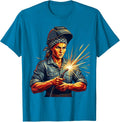 Rosie the Riveter Welder Sparks Flying Graphic T-Shirt - Sapphire Blue