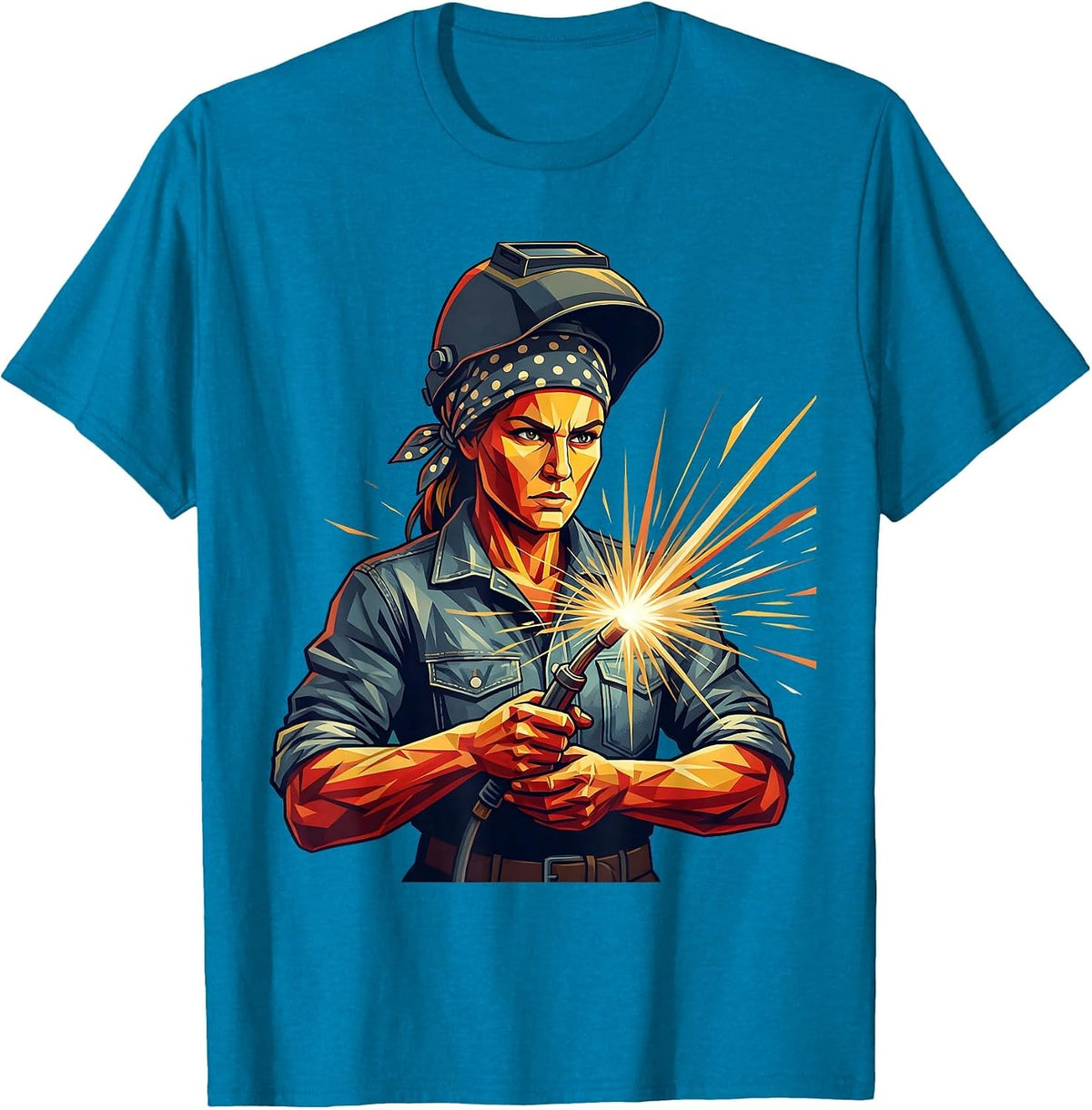 Rosie the Riveter Welder Sparks Flying Graphic T-Shirt - Sapphire Blue