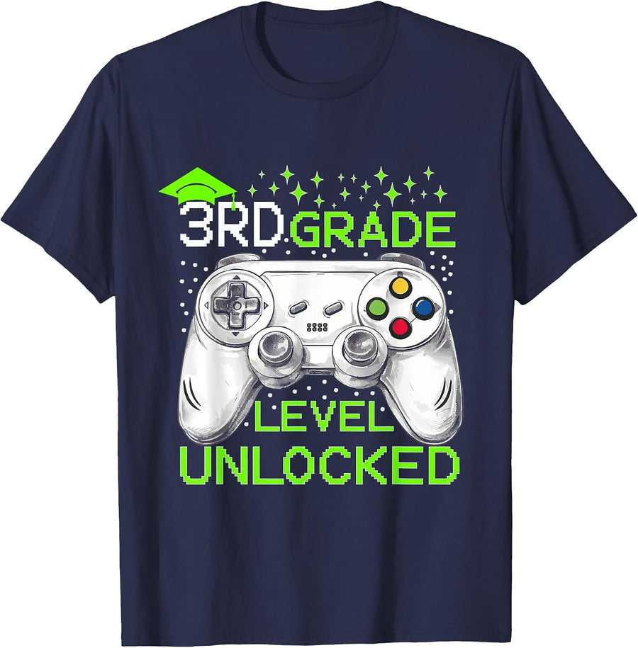 Back to School 3rd Grade Level Unlocked Gamer Boys Kids T-Shirt - Navy Blue